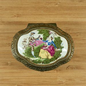 Vintage Limoges Style Porcelain Top Trinket Jewelry Metal Box, Made in Japan